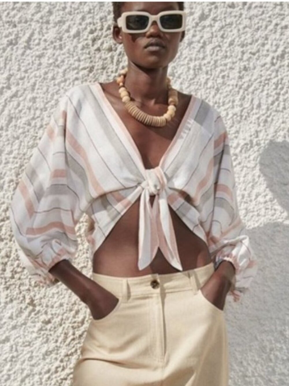 ZARA Linen Blend Tie Front Crop Top - S